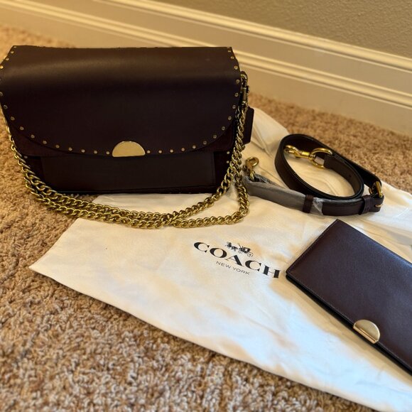 COACH® | Burgundy  double flap with gold and leather straps and wallet - Picture 2 of 14